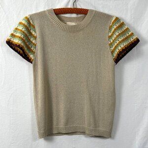 Dreamers By Debut Sweater Womens Sz S/M Beige Multicolor Crochet Flutter Sleeve